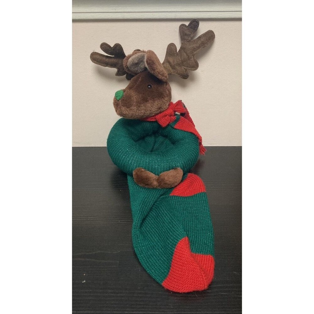 Vintage Plush Moose With Scarf Knit Christmas Holiday Stocking Green & Red